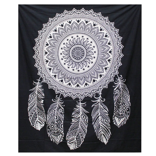 B&W Double Cotton Bedspread/ Wall Hanging - Dreamcatcher