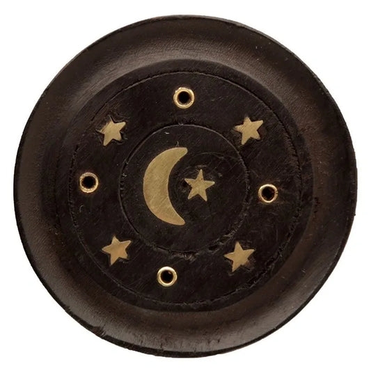 Mango Wood Moon and Stars Round Black Incense Burner