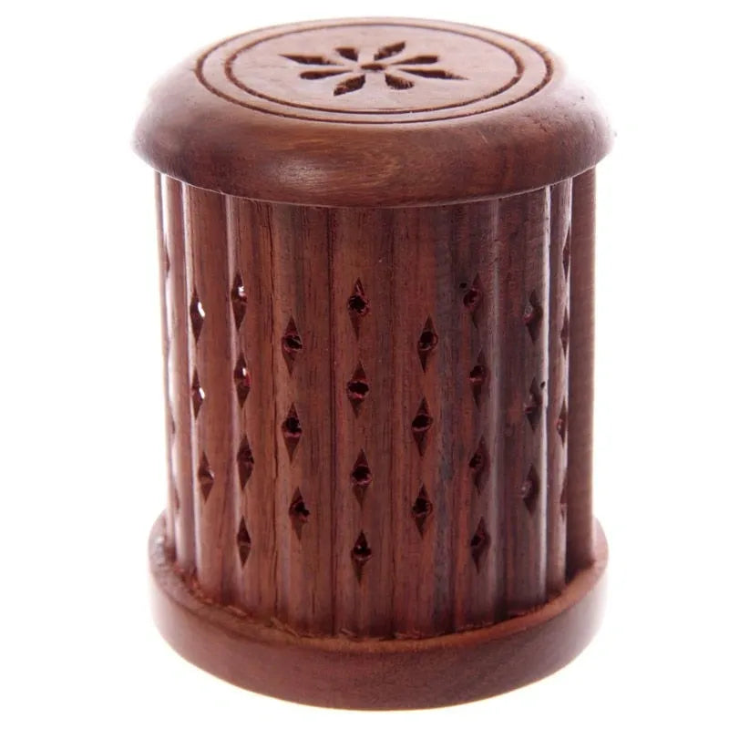 Sheesham Wood Carved Barrel Incense Cone Burner with Door