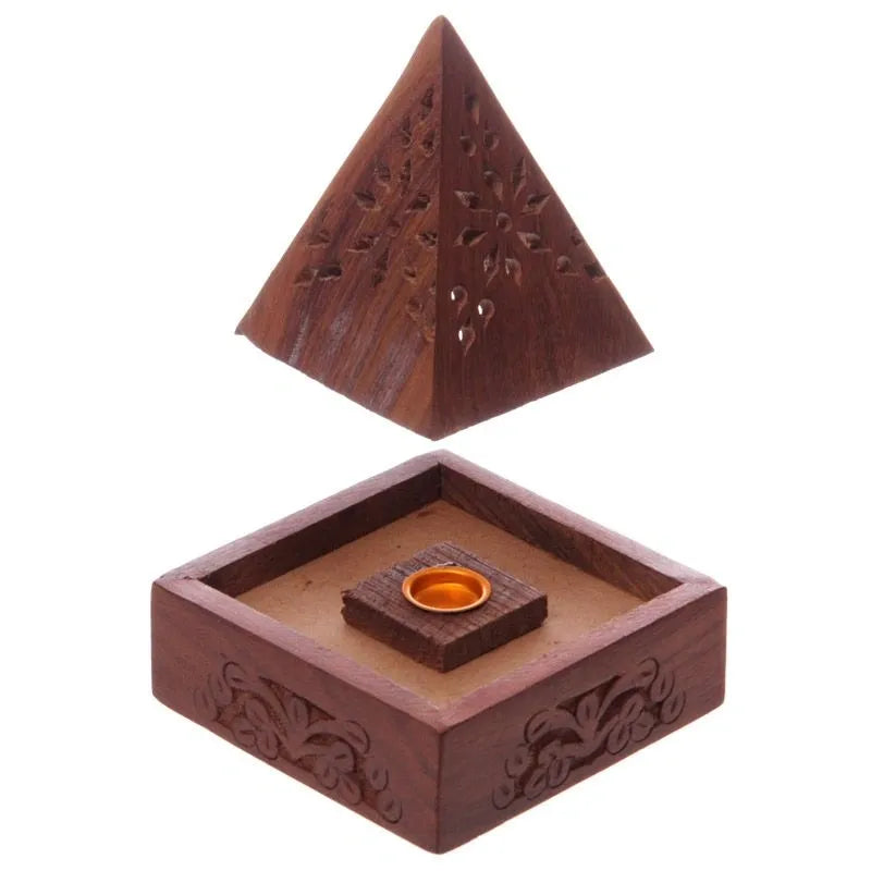 Sheesham Wood Pyramid Incense Cone Box with Flower Fretwork