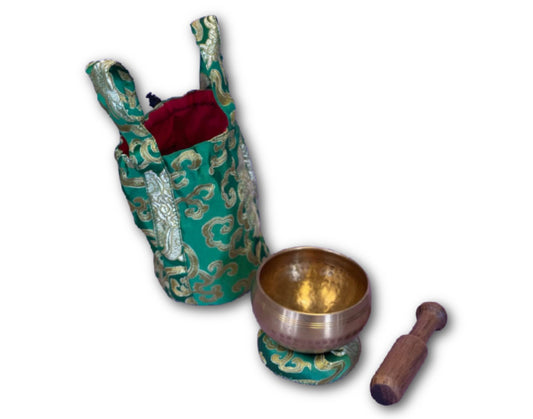 Green hand beaten singing bowl gift set