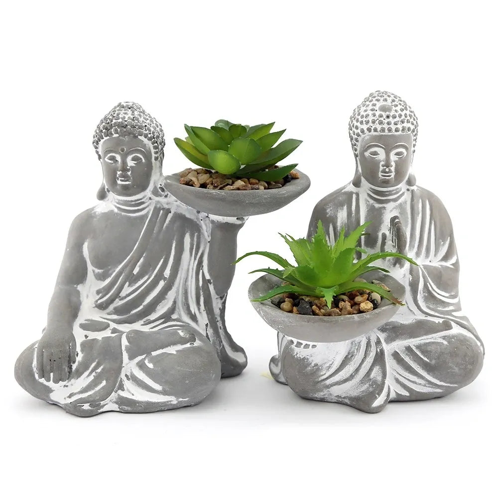 Pair of Cement Buddha With Faux Succulent