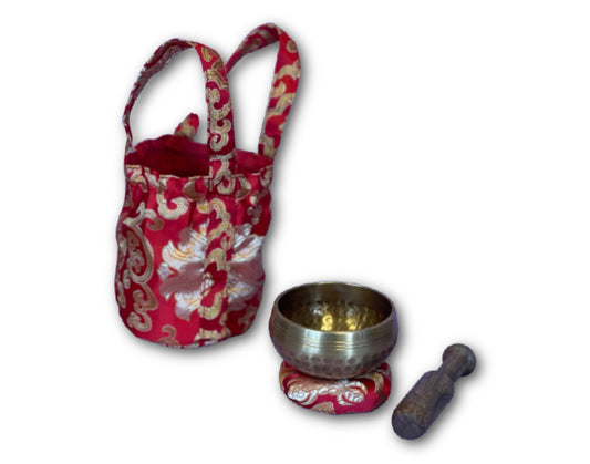 Red hand beaten singing bowl gift set