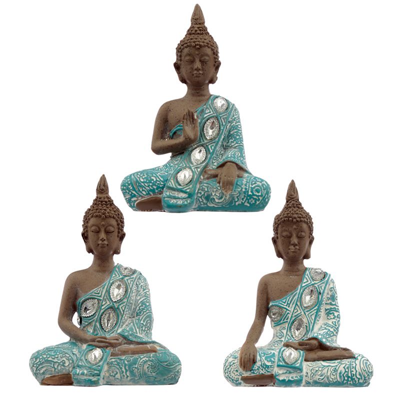 Set Of 3 Thai Buddha Brown White and Turquoise - Lotus