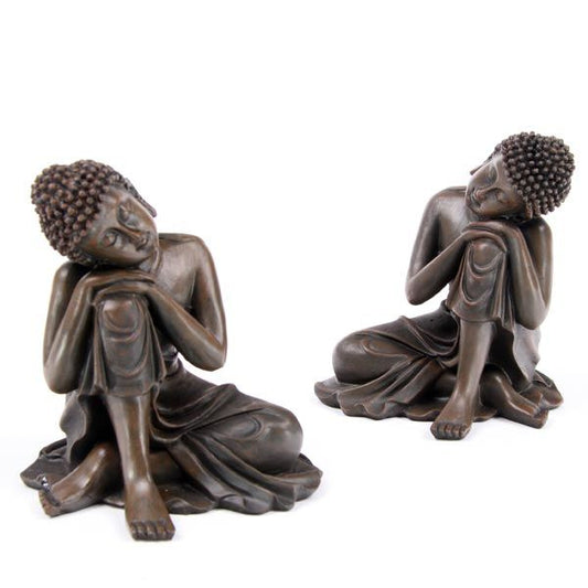 Pair of Wood Effect Thai Buddha, Head on Knee